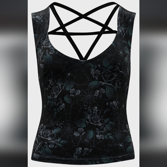 Killstar Tops - Killstar Black and Green Floral Strappy Tank Top